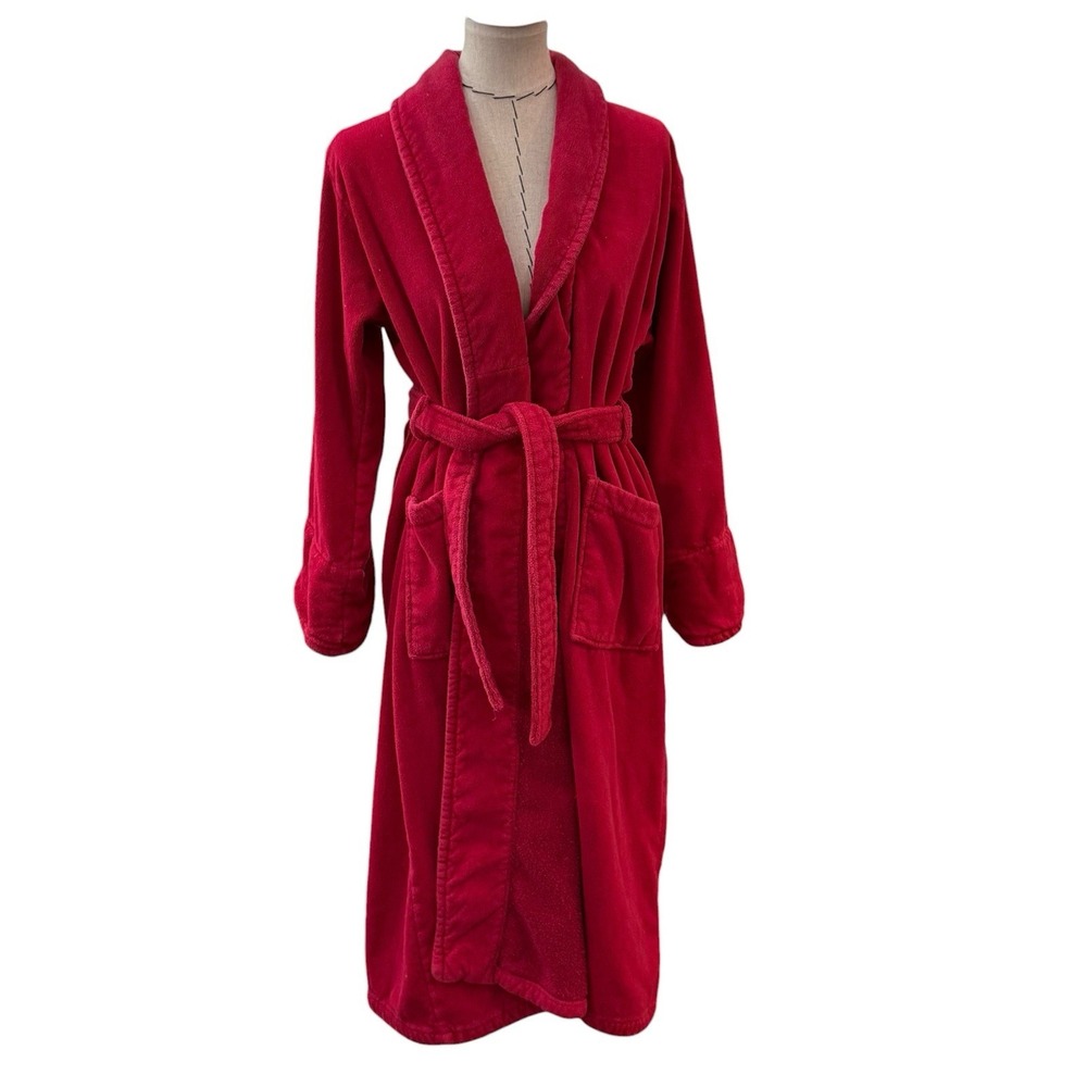 Vintage Turkish Cotton Terry Womens Bathrobe By Cypress Red Pockets Sz Med